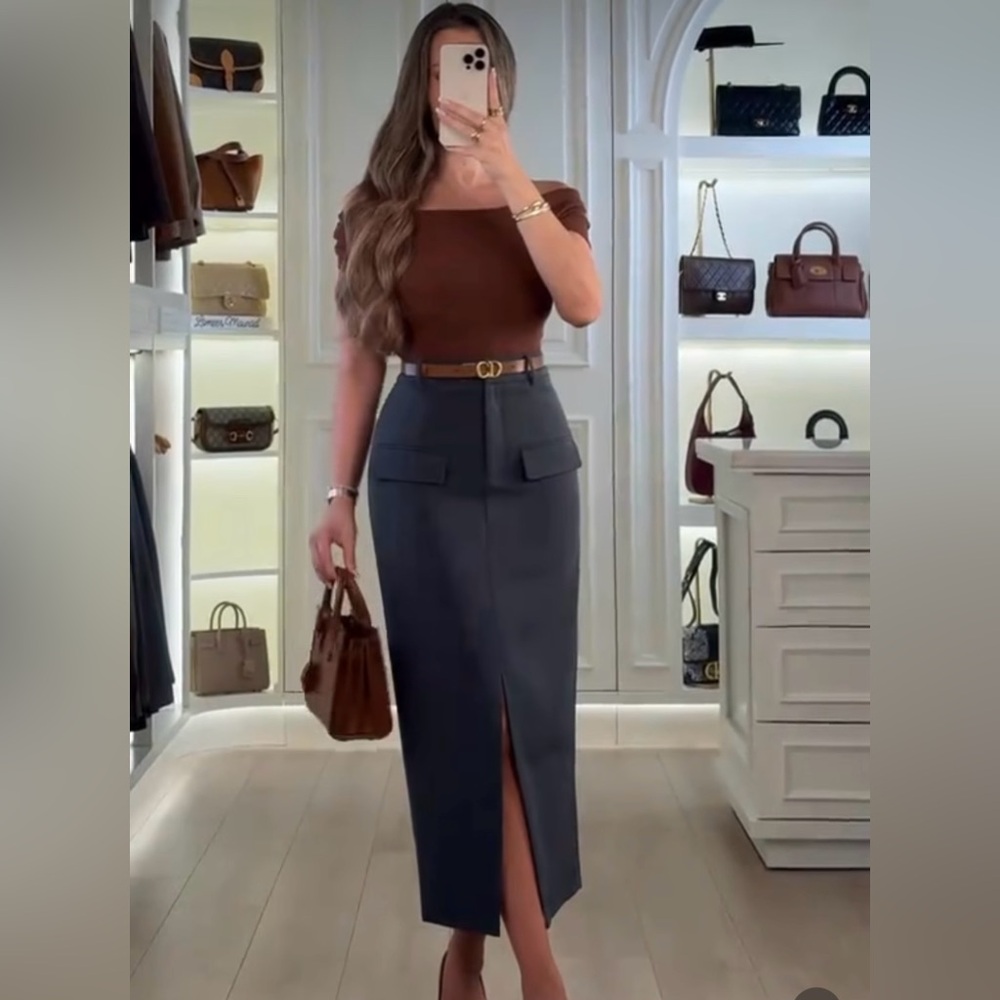 Commense Split-front Solid Midi Skirt Grey size S